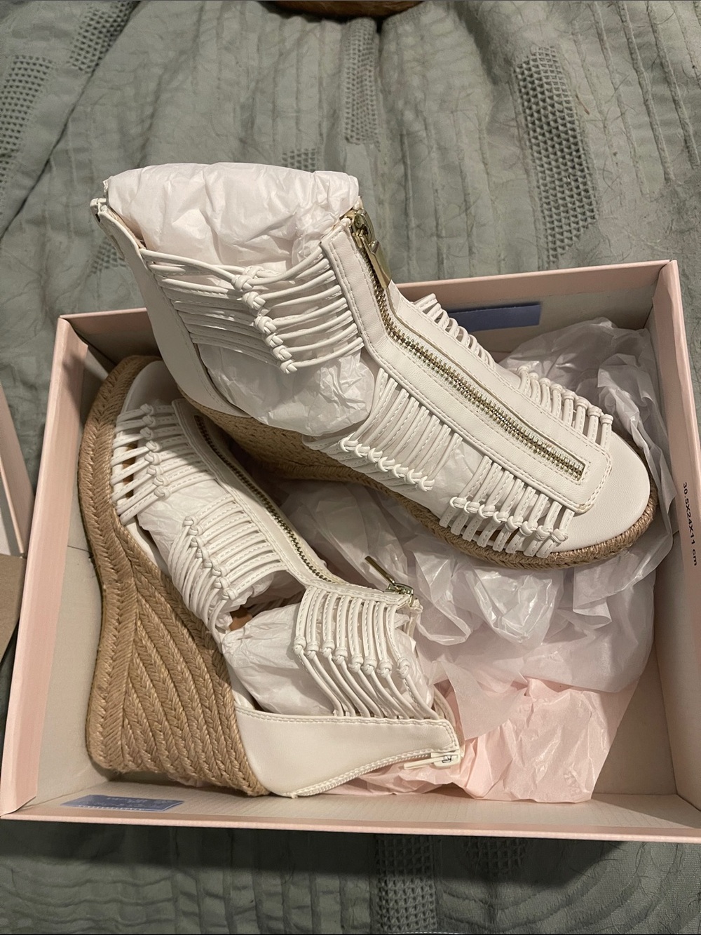JustFab White Woven Espadrille Wedge Sandals with Front Zip